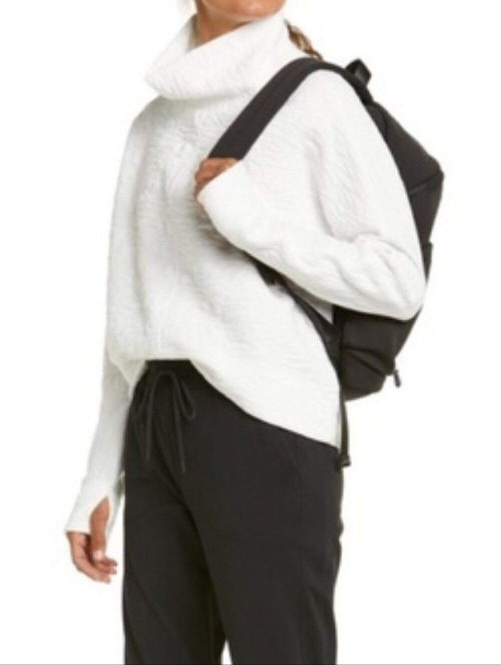 Zella Carey Quilted White Textured Funnel-Neck Pullover Sweater Large